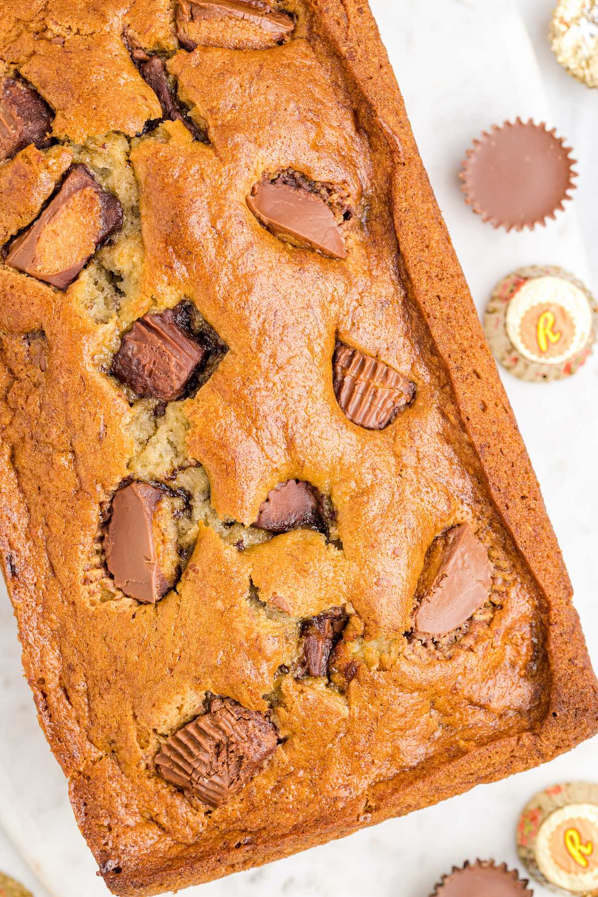 banana bread with pieces of Reese's