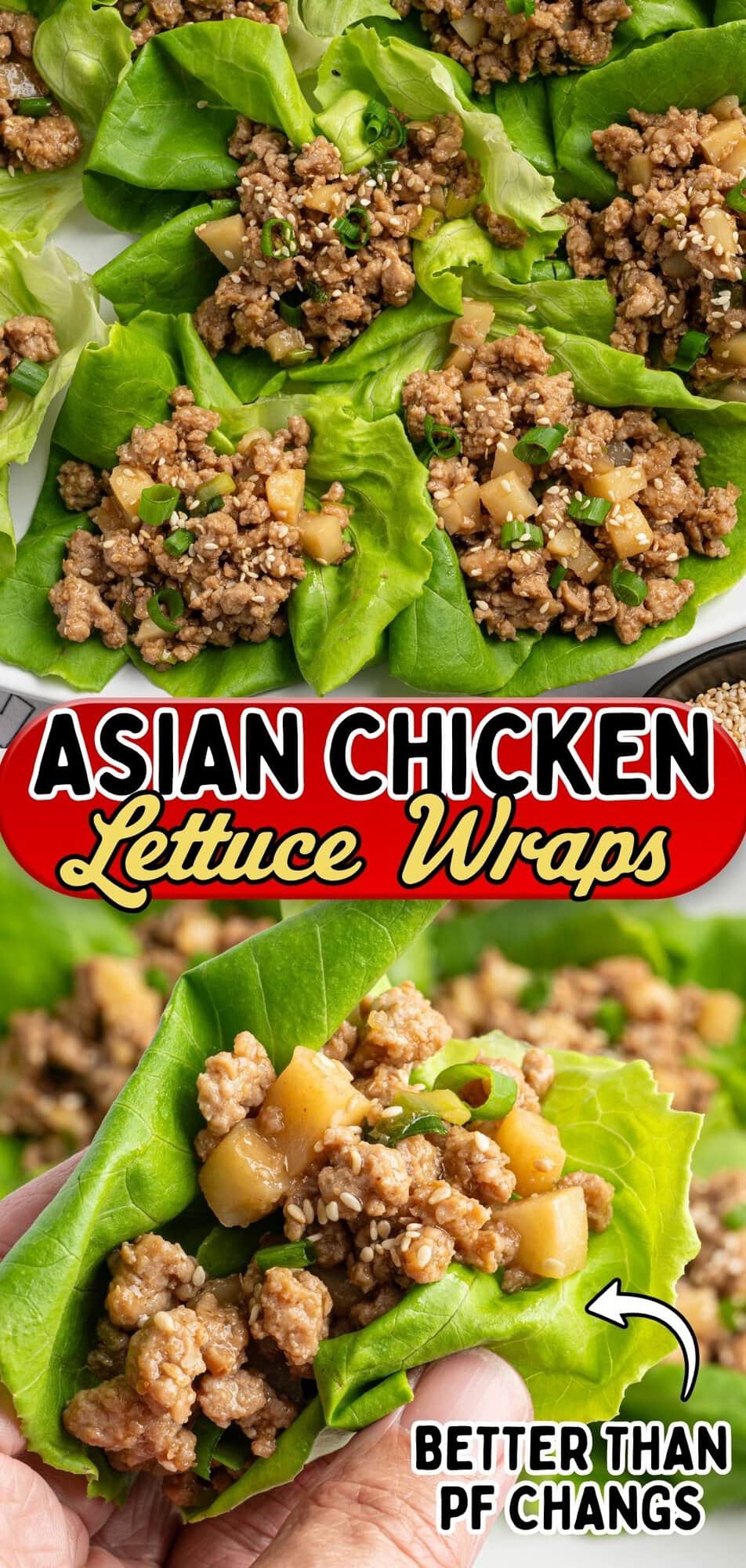 Plated Asian chicken lettuce wraps above a photo of a hand holding one filled wrap.