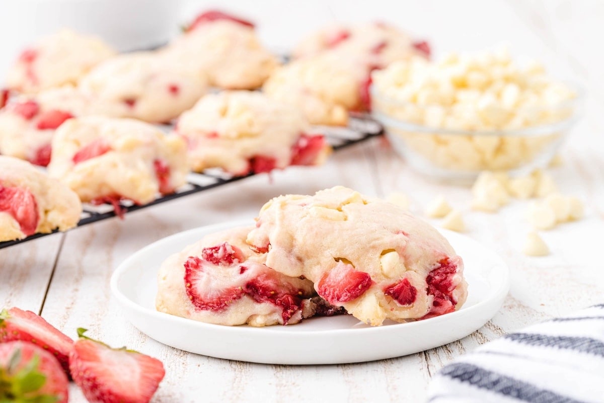 cream cheese strawberry cookies on a plate