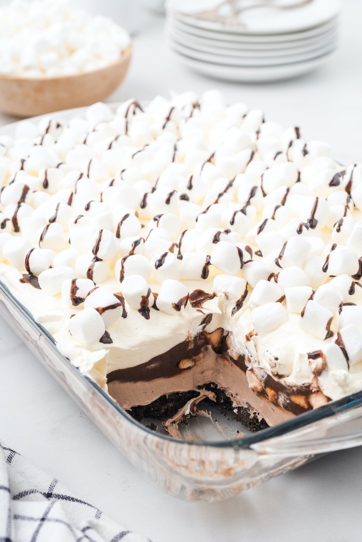 hot chocolate lasagna in baking dish