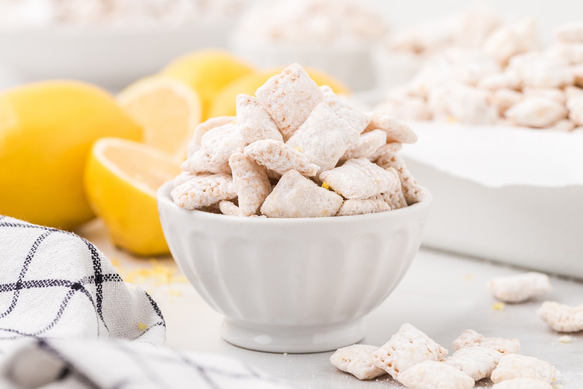 lemon puppy chow in a white bowl