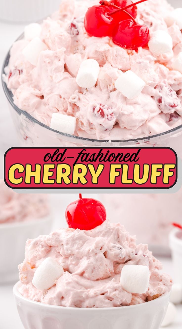 Bowl of cherry fluff salad made with cherry pie filling, whipped topping, and marshmallows, served as a creamy dessert salad.