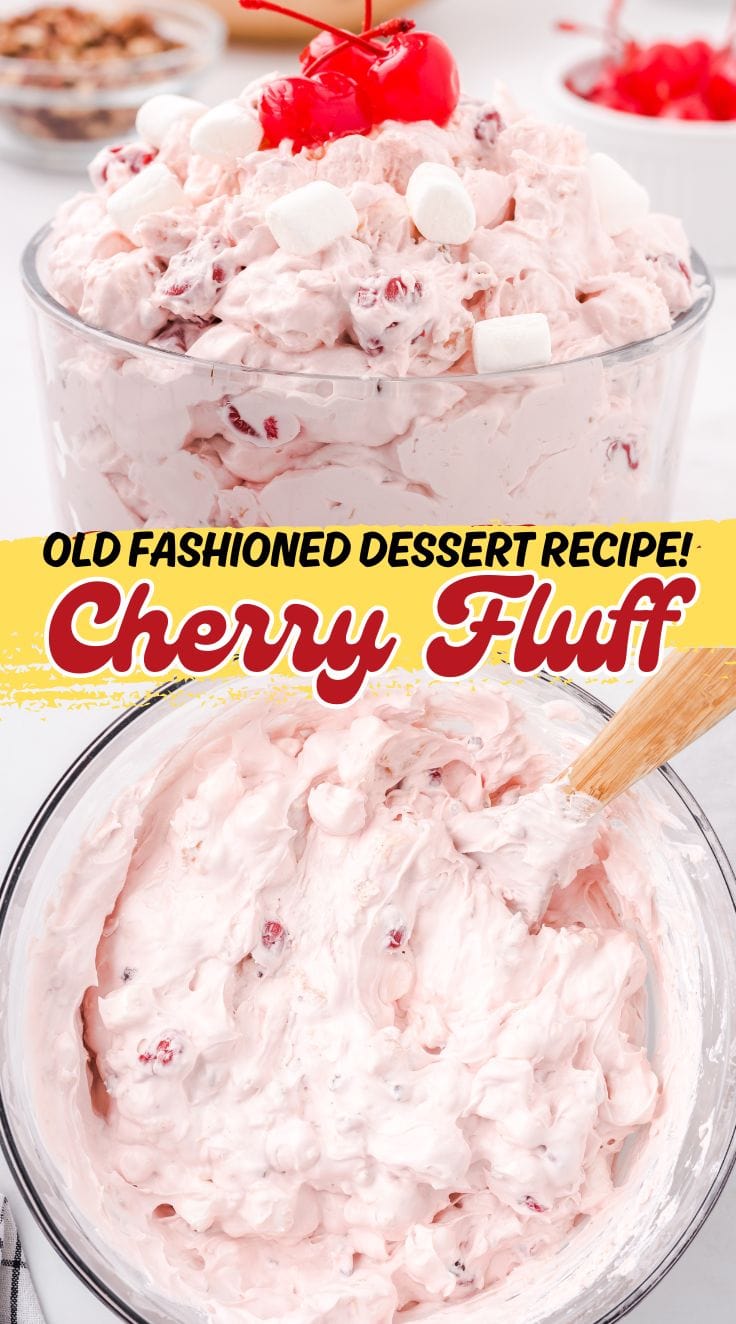 Top view of Cherry Fluff inside a glass bowl with a wooden spoon