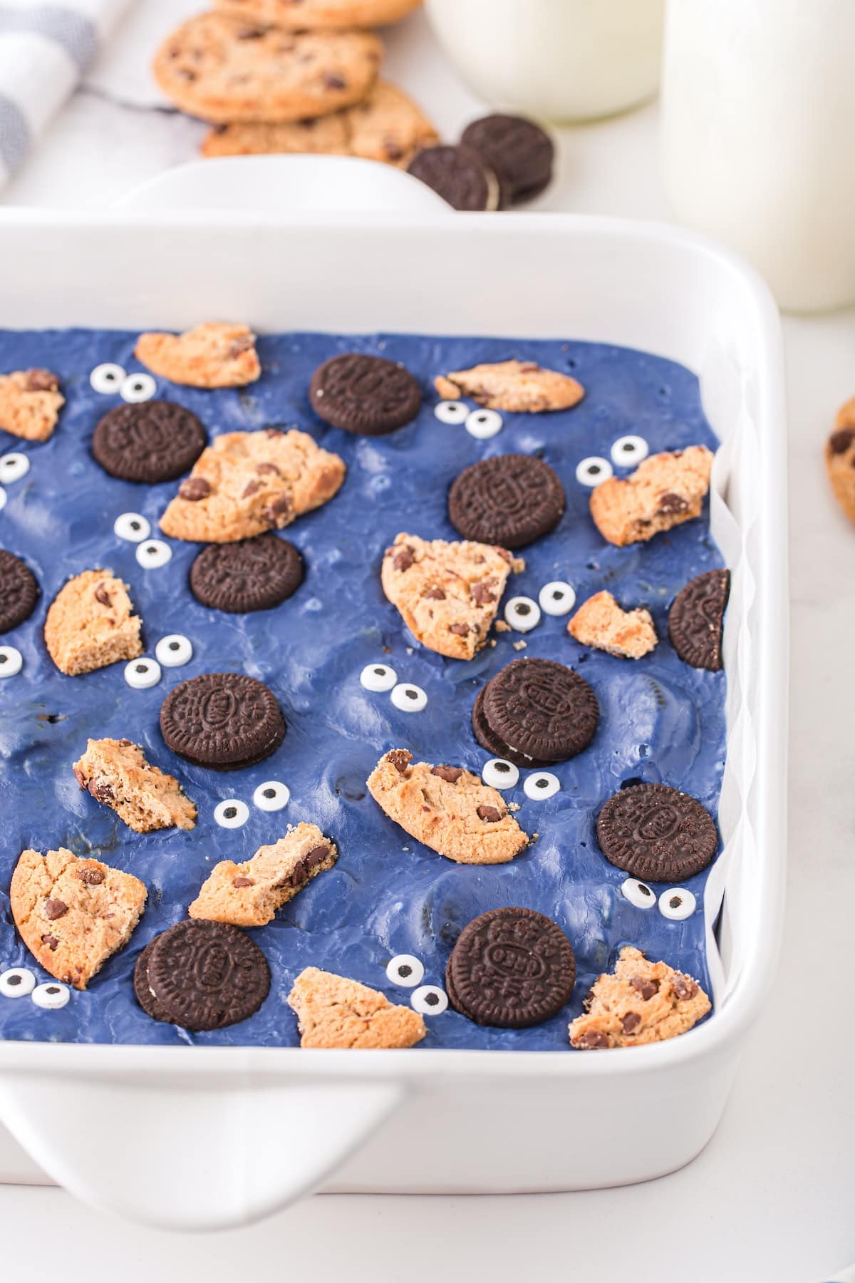 cookie monster fudge in baking pan