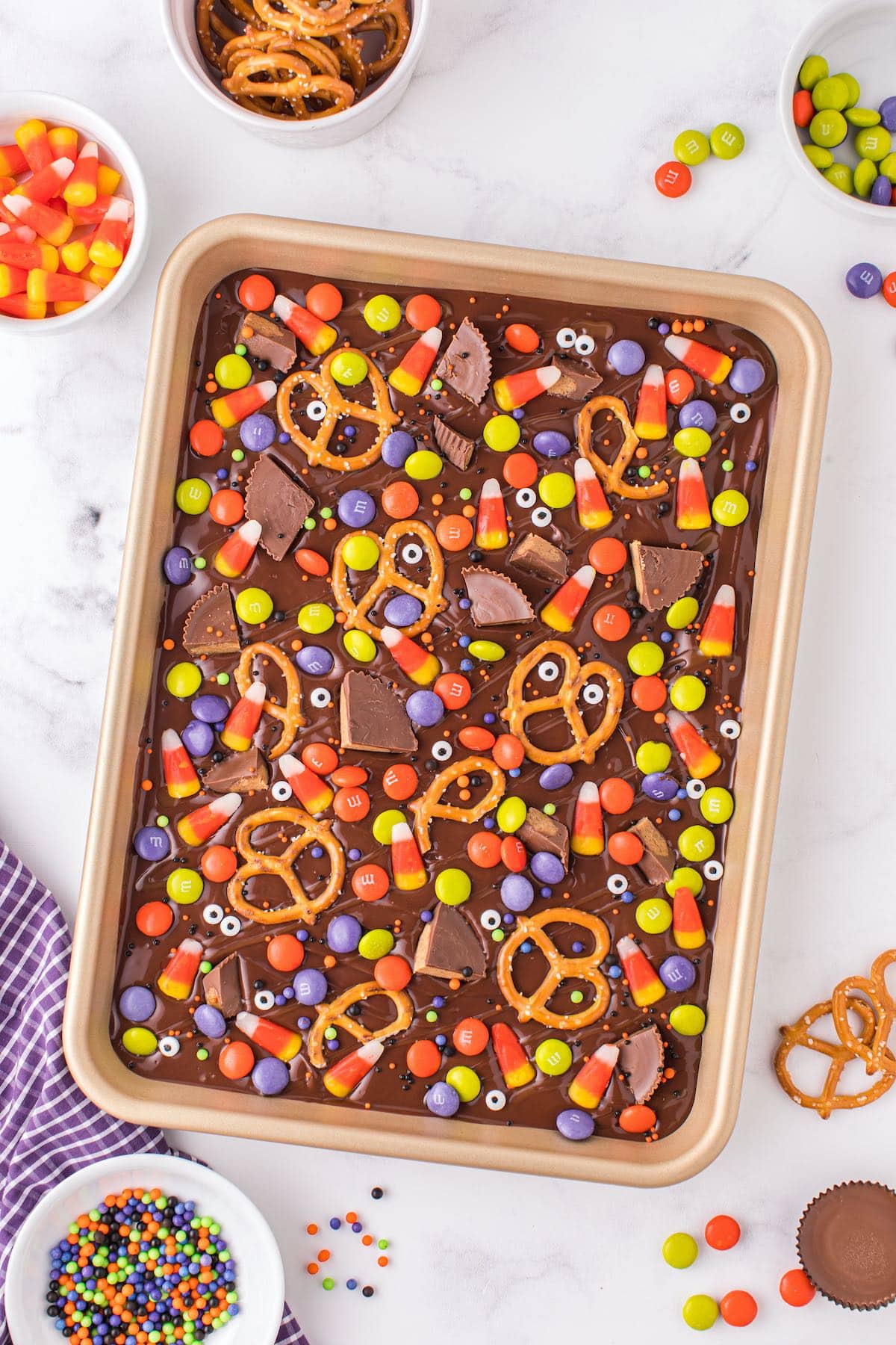 halloween bark decorated with candies