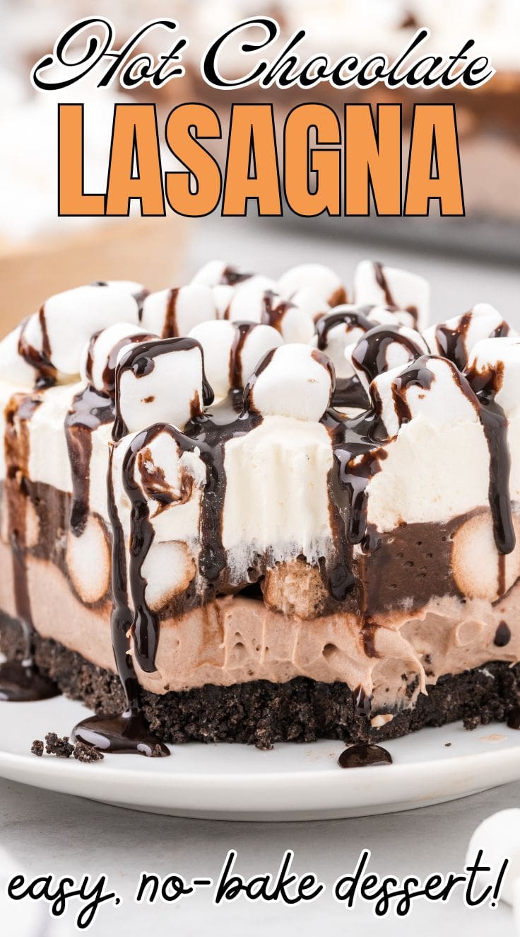 Close up of Hot Chocolate Lasagna served on a white plate topped with mini marshmallows