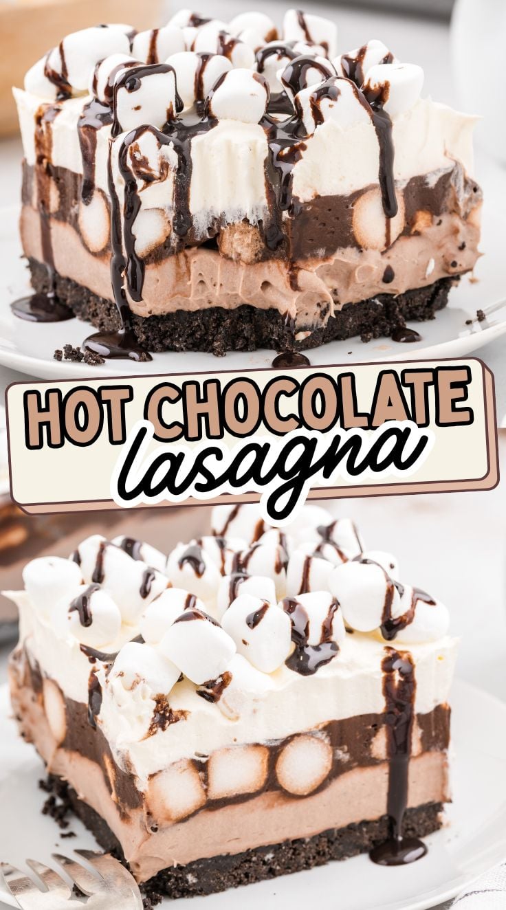 A slice oof Hot Chocolate Lasagna served with mini marshmallow on top and drizzled with chocolate syrup