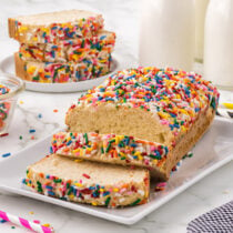 ice cream bread sliced on a white plate.