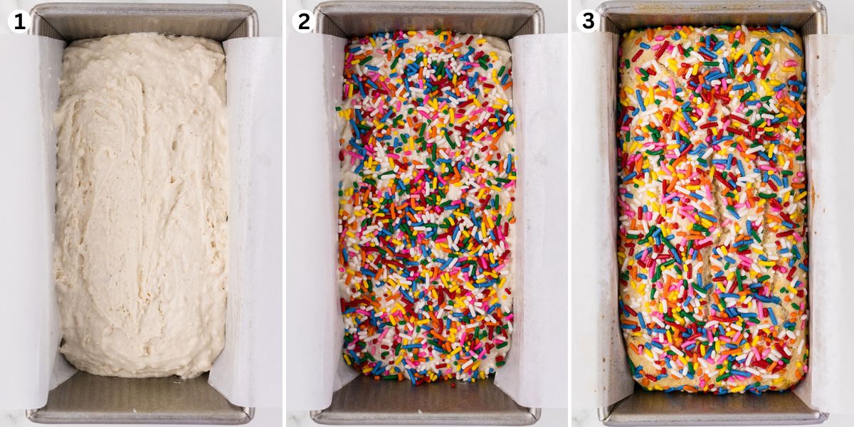 mix ingredients and put in  loaf pan. sprinkle with rainbow sprinkles and bake. 