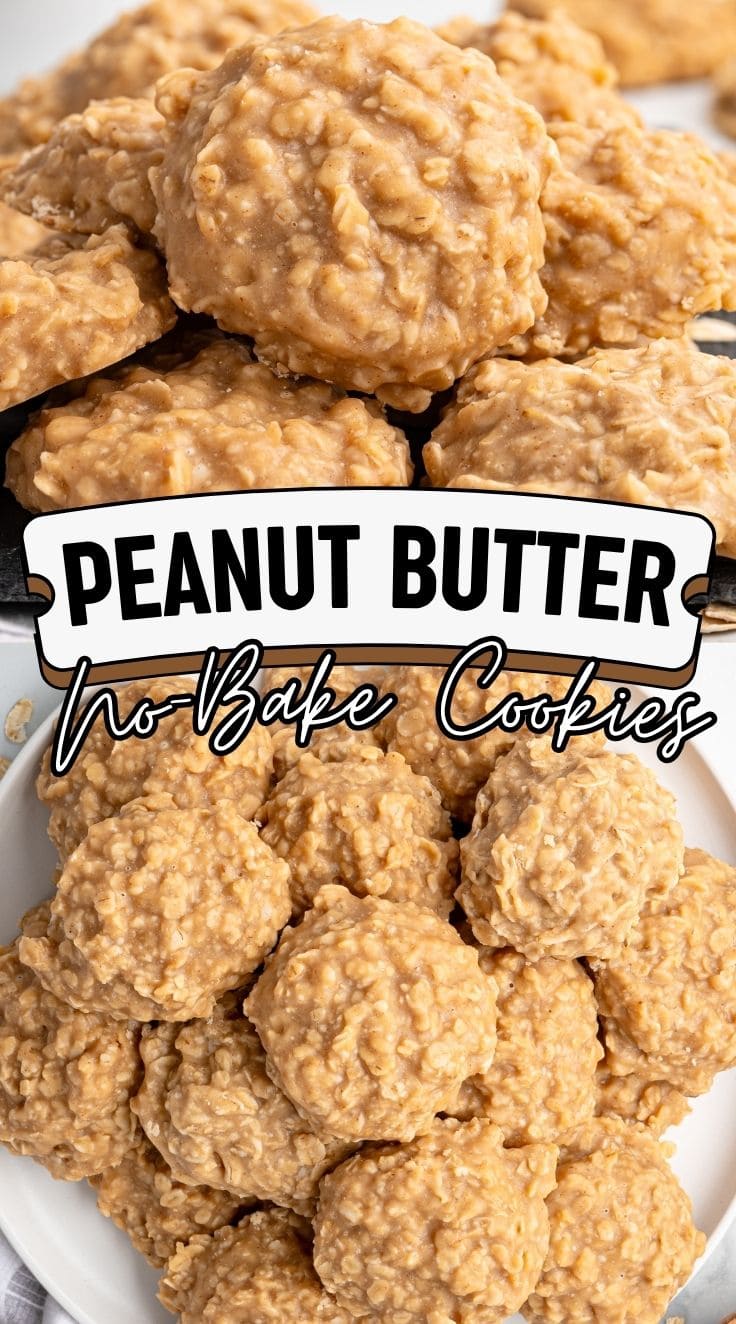 A stack of peanut butter no-bake cookies served on a white plate.