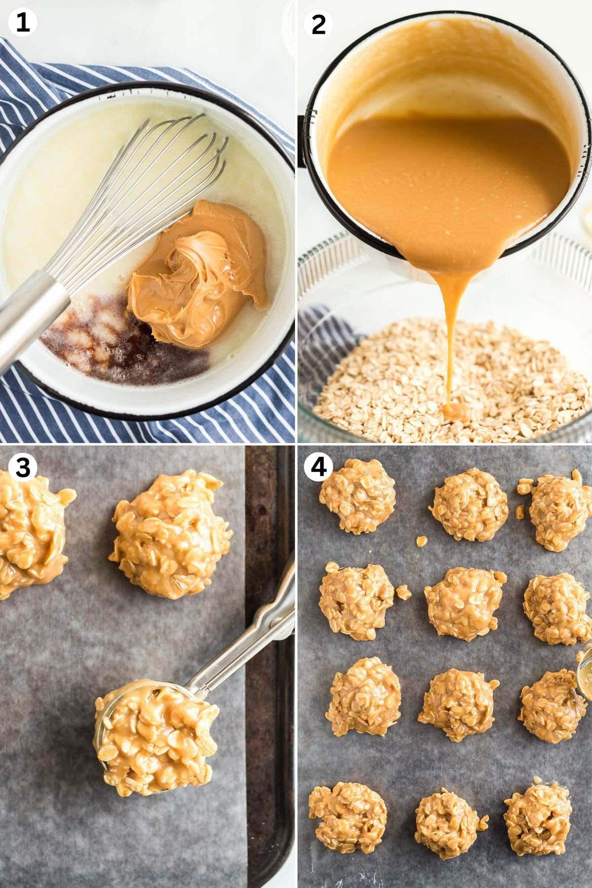 Whisk in the peanut butter and vanilla until combined. Pour the peanut butter mixture over oats. Drop spoonfuls of cookies onto wax paper. Serve.