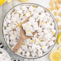 lemon puppy chow in a bowl.