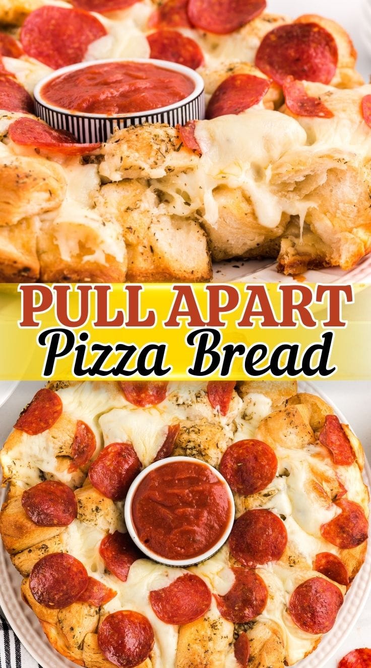 Top view of pull apart pizza bread loaded with pepperoni served on a plate
