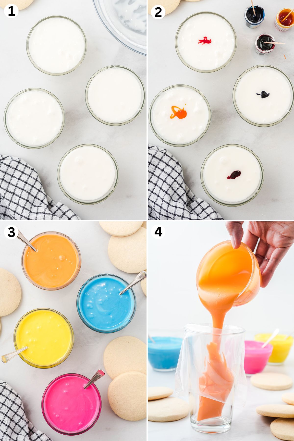 Stir together the powdered sugar, corn syrup, vanilla, almond extract, and milk until no lumps are visible. Divide the icing between 4 bowls and add drops of gel food color to each. Mix and transfer into piping bag.