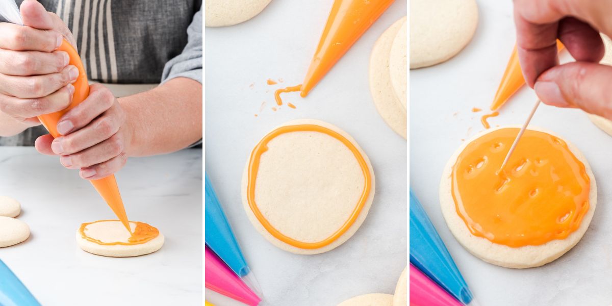 pipe the icing into a cookie. tidy it up using toothpick. 