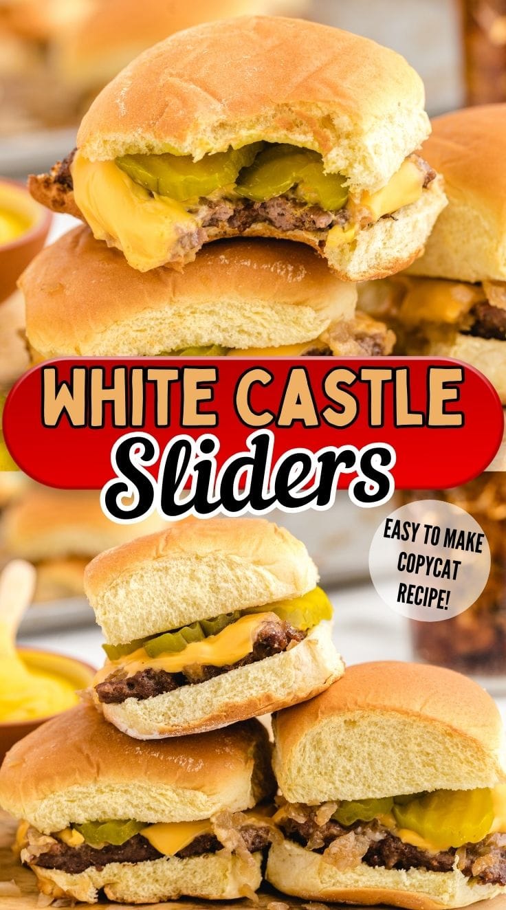 Three white castle sliders piled on a wooden board.