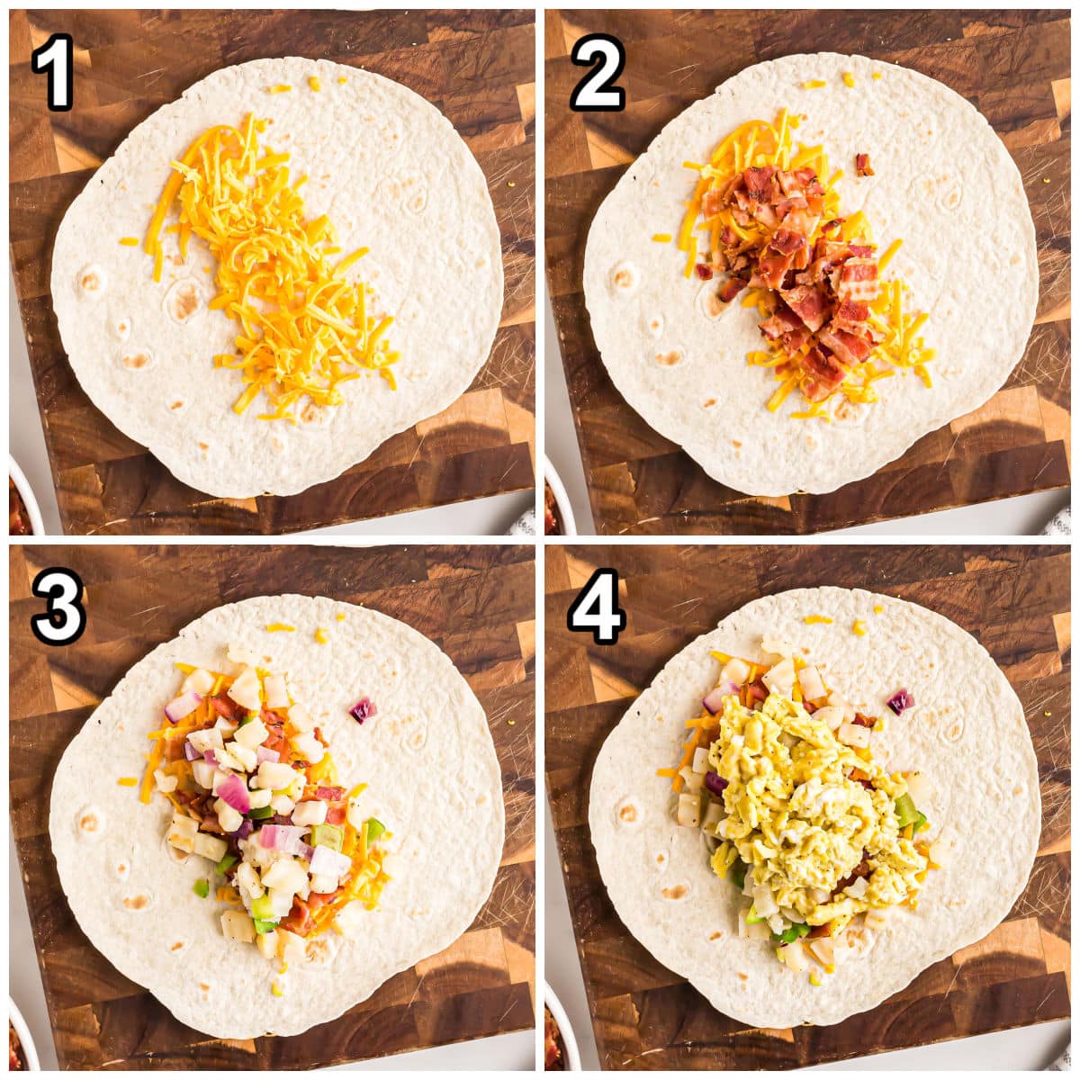 step by step layering burrito topping