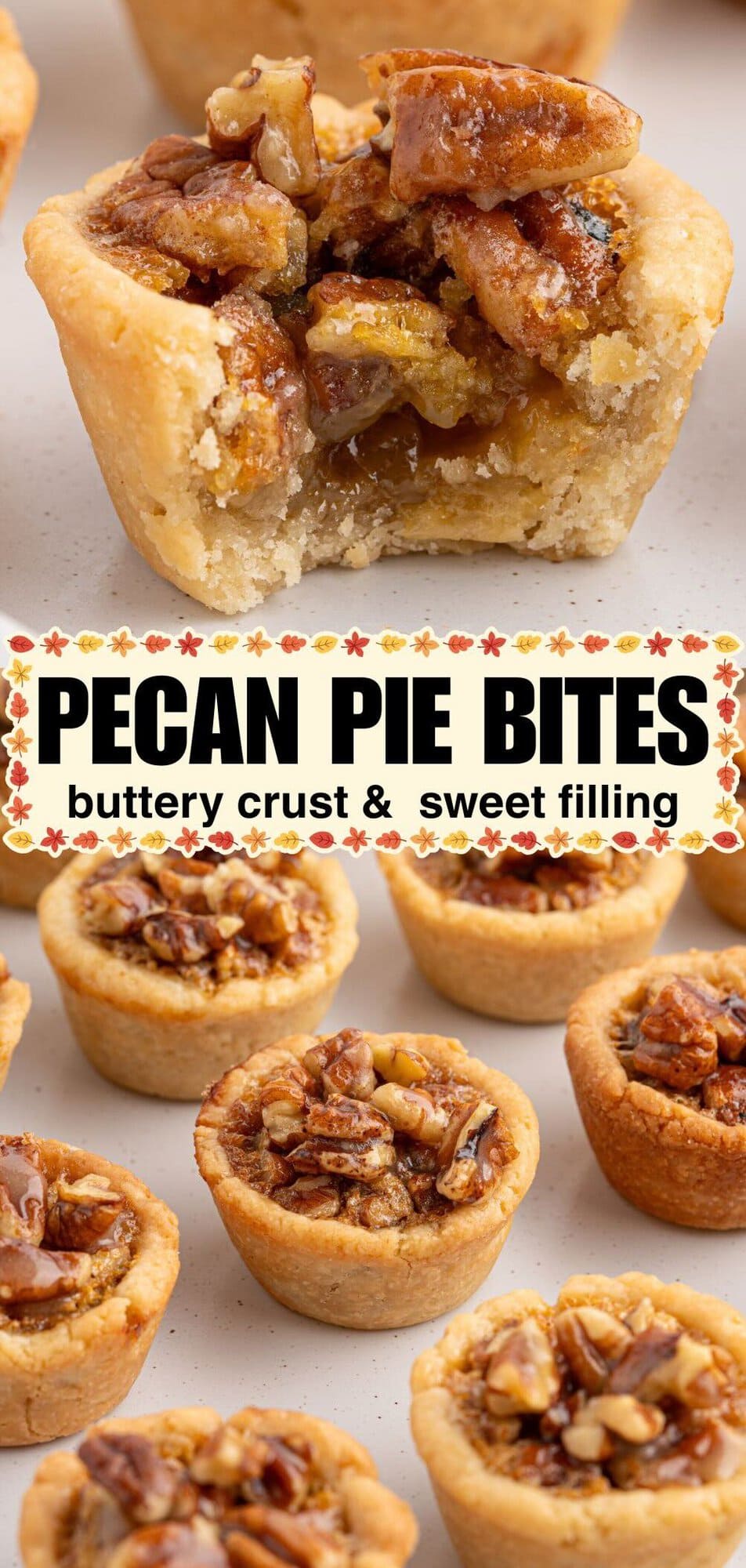 pecan pie bites with a bitten pie showing gooey filling and a tray of mini pies below.