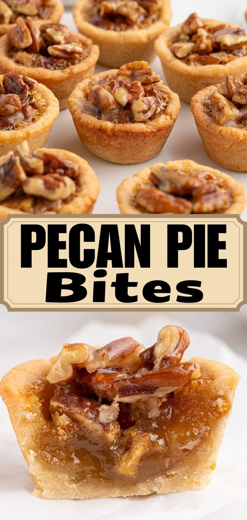 pecan pie bites showing a tray of mini pies above and a single bitten pie below.