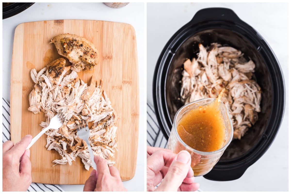 shred chicken on top of cutting board. Place shredded chicken back in the slow cooker and add the seasoned cooking liquid