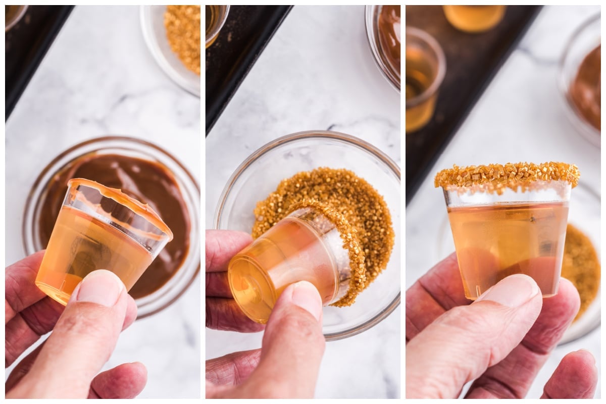 dip the top rim of each jello shot into the bowl of thick caramel and then into the dish of gold sugar sprinkles