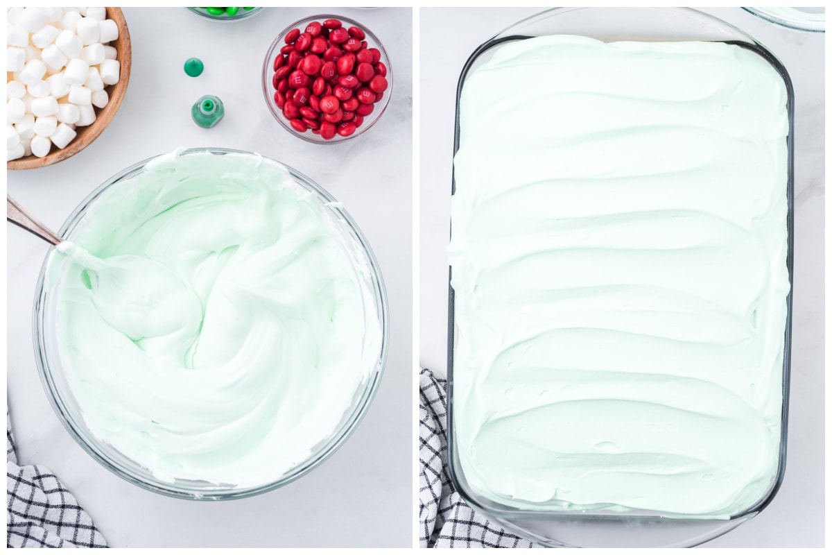 spread green whipped topping on top of the pudding layer
