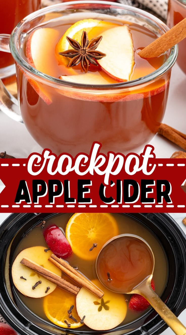 Apple Cider with slices of orange and apple served in a clear glass mug.