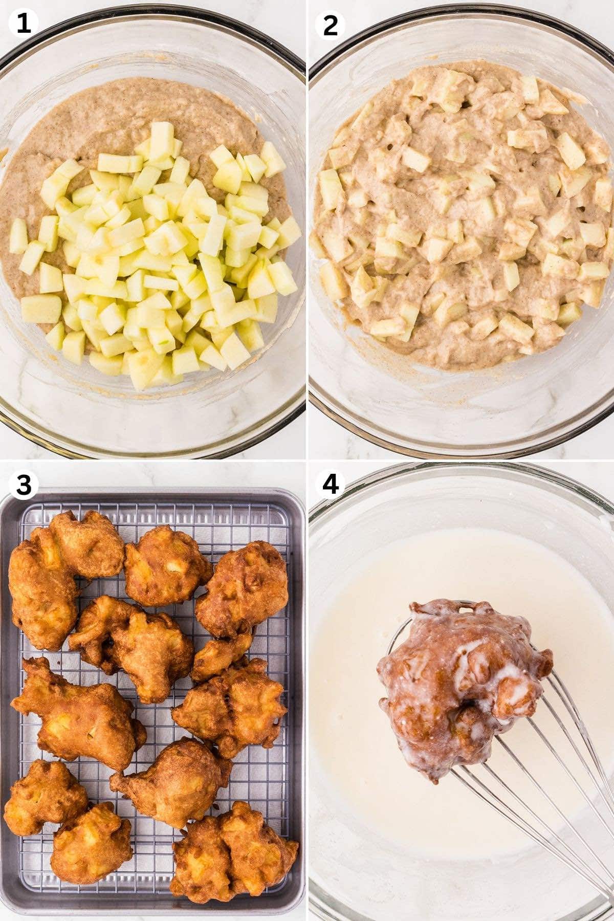 Fold the diced apples into the batter. Fry and remove the apple fritters from the hot oil and place them onto the prepared baking tray. Dip each fried apple fritter into the glaze.