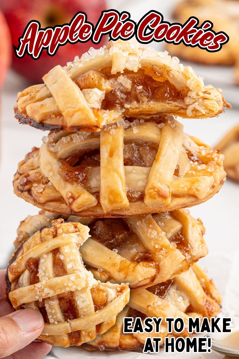 4 pieces of Apple Pie Cookies in a stack, the one at the top is half bitten