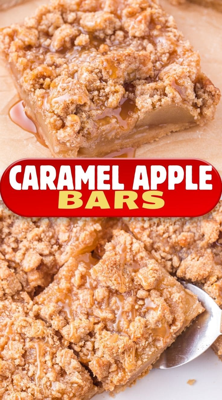 A spoon slightly lifting a piece of caramel apple bars