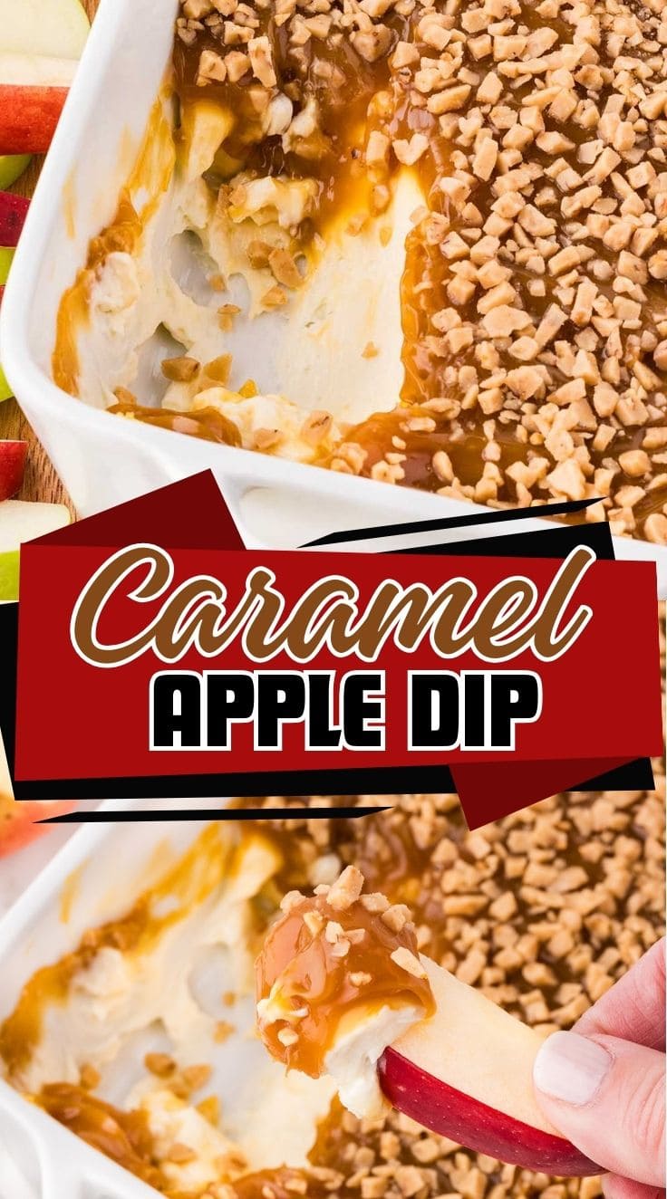 A hand holding a slice of apple with caramel apple dip