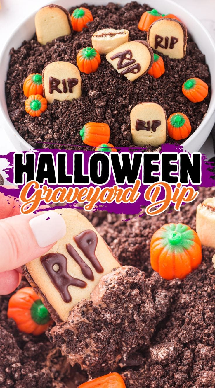 Cute yet creepy Halloween Graveyard Dip served in a bowl