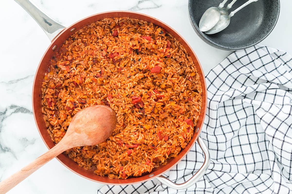 spanish rice in a skillet