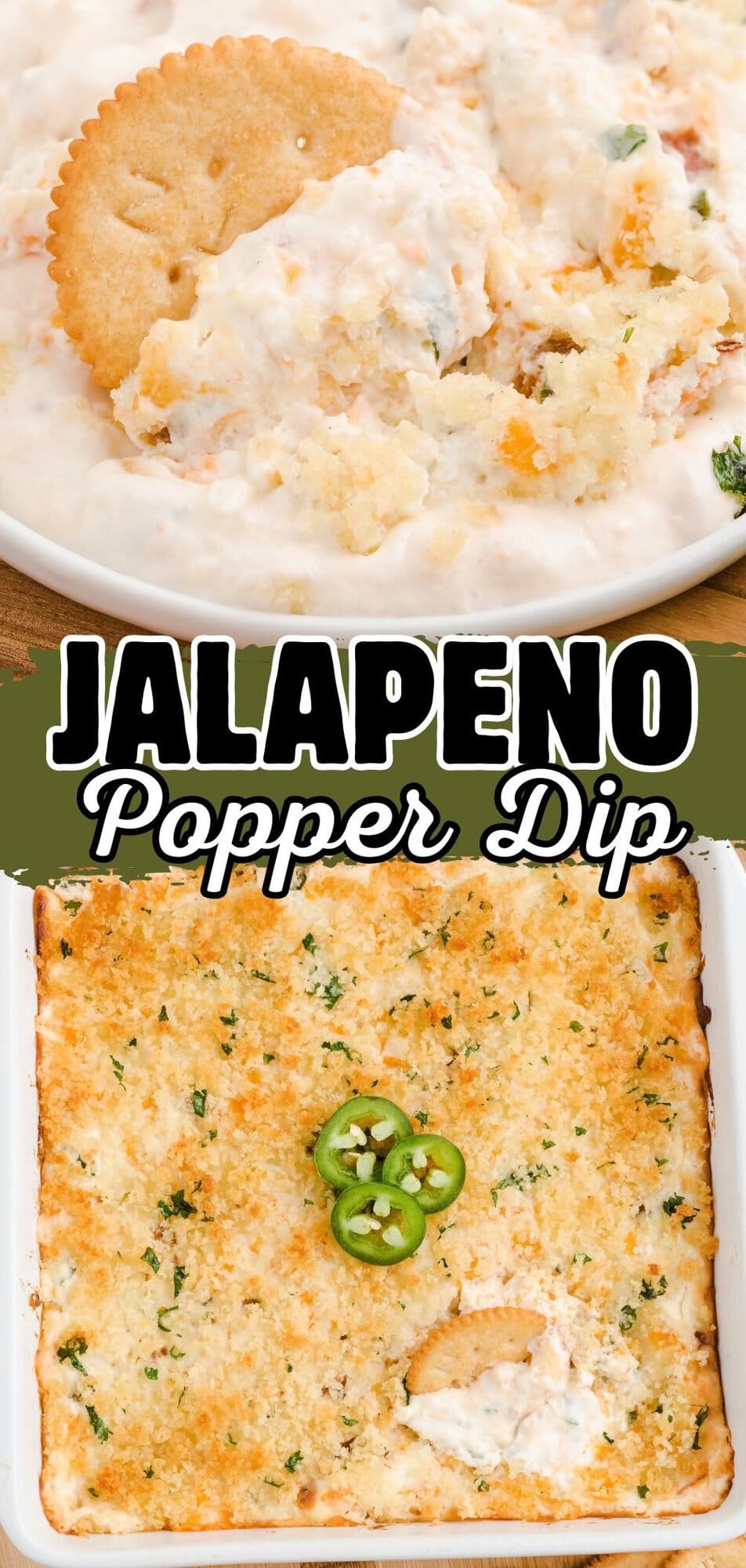 Pinterest pin for jalapeño popper dip with a cracker.
