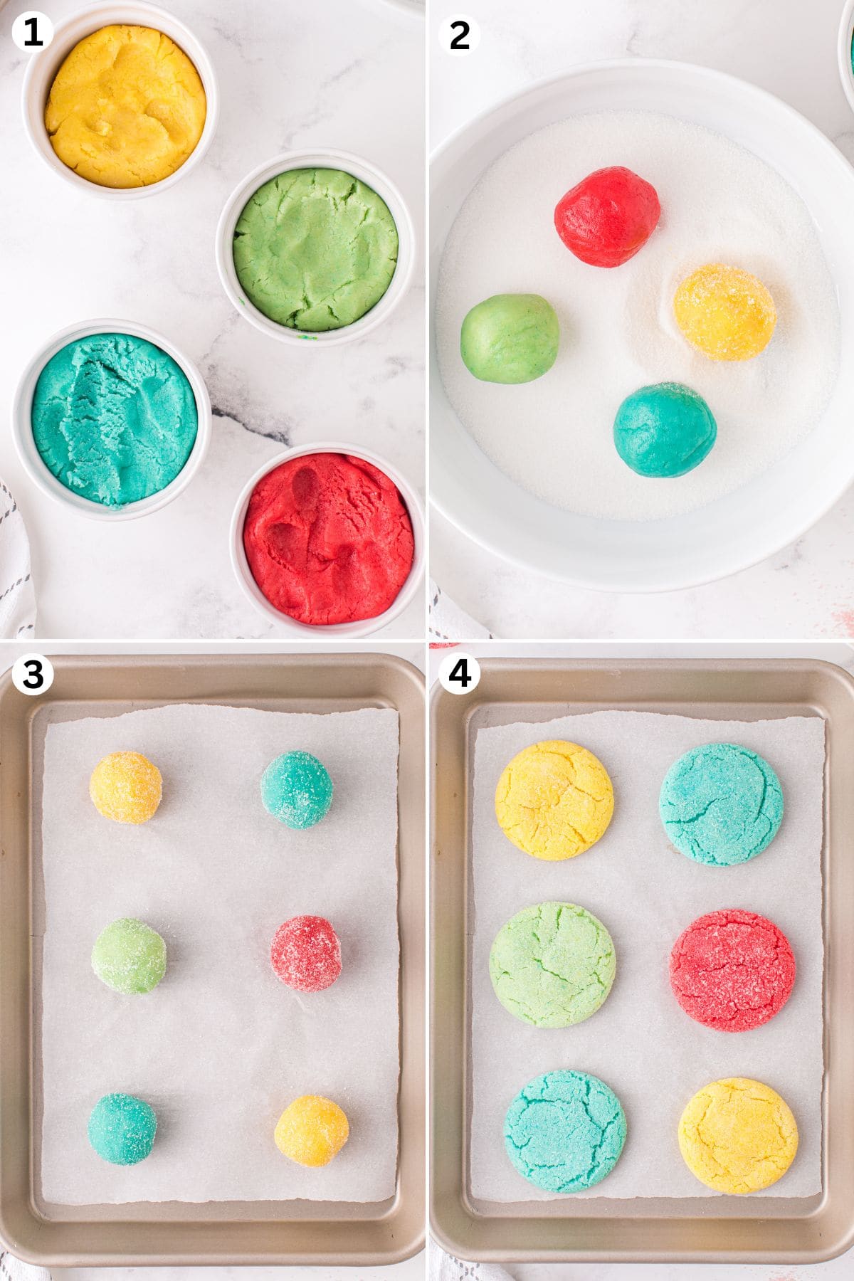 Making colorful Jello cookies: mix and color dough, roll into sugar-coated balls, bake on a parchment-lined sheet, and cool before serving.