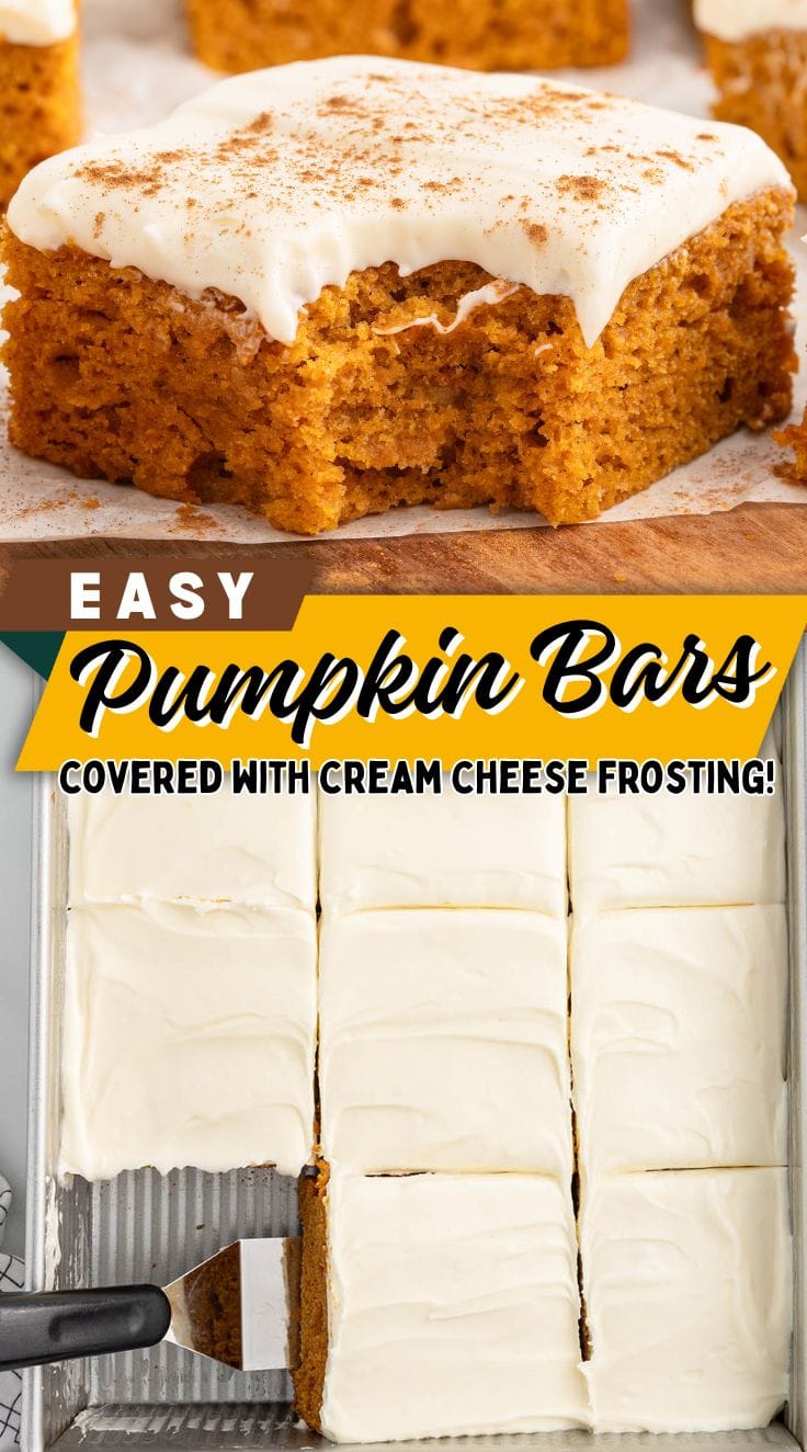 Square sliced pumpkin bars in a baking pan, ready to be served.