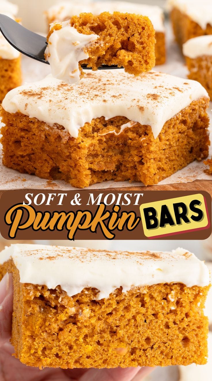 Close up of pumpkin bars, showing the moist and soft texture
