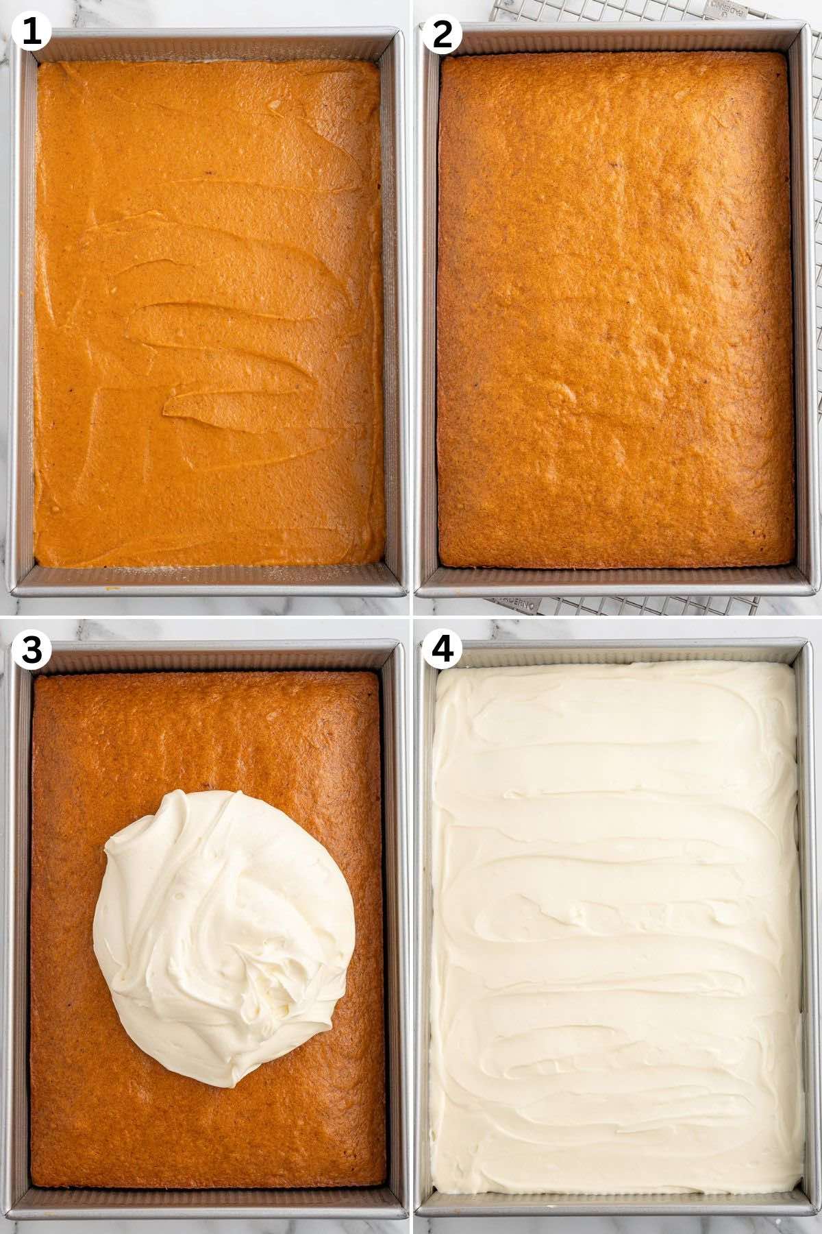 Spread the pumpkin bar batter into the baking pan. Bake then cool completely before frosting. Spread the cream cheese frosting over the cooled pumpkin bars.