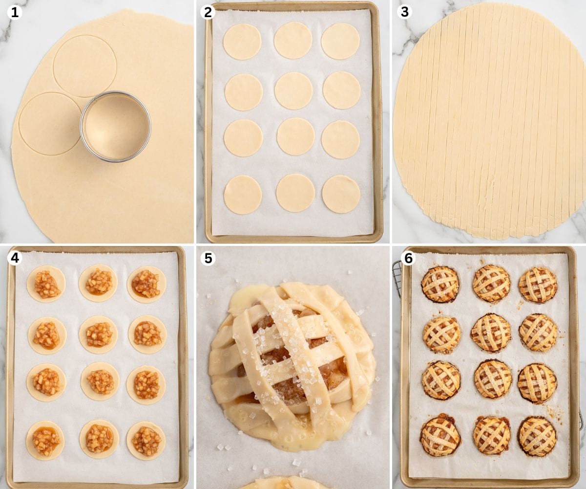 Cut out 12 pie dough circles and place the on the baking sheet. Slice cookie dough into long strips. Add caramel sundae syrup and apple pie filling to the center. Layer the dough strips over the filling to form the lattice top. Brush the egg wash over the lattice and edges of the cookies then sprinkle with the white sparkling sugar and bake.