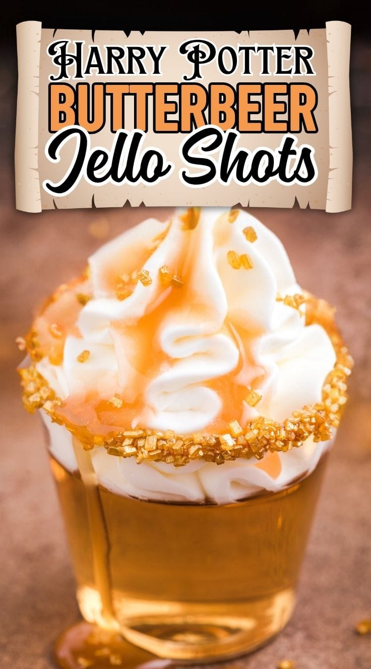 Close up of Butterbeer Jello Shots on a wooden table