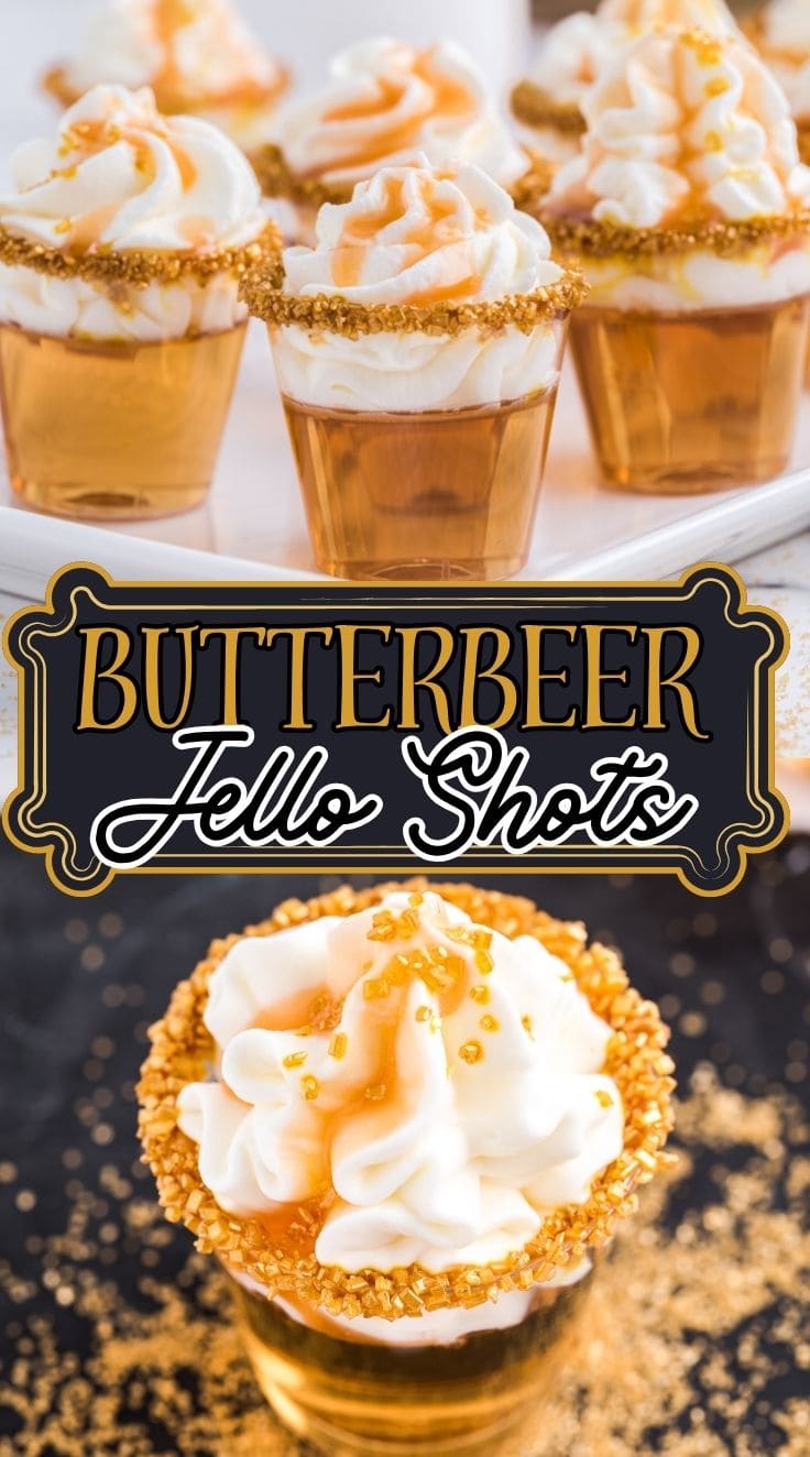 Decadent and creamy Butterbeer Jello Shots served on a white tray