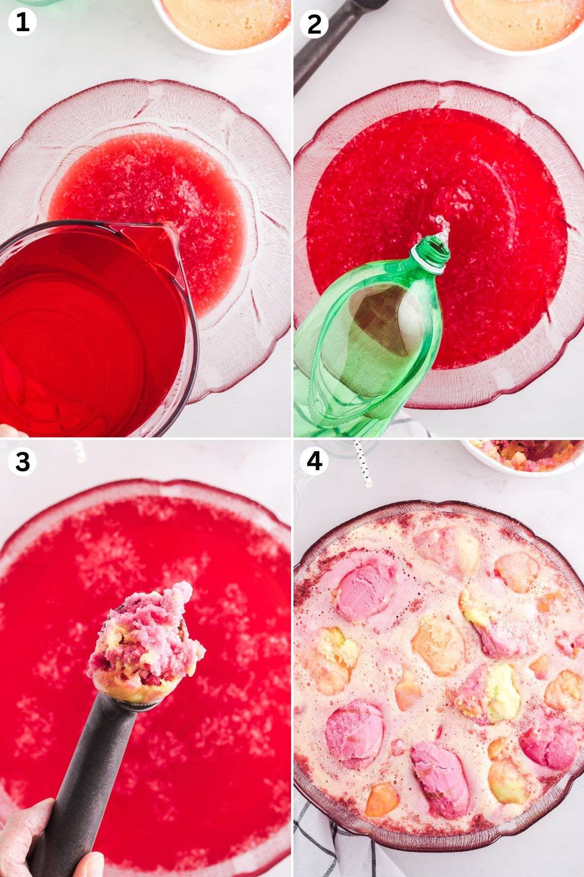 Add limeade, Hawaiian punch, and lemon-lime soda to your punch bowl. Spoon scoops of rainbow sherbet into the punch