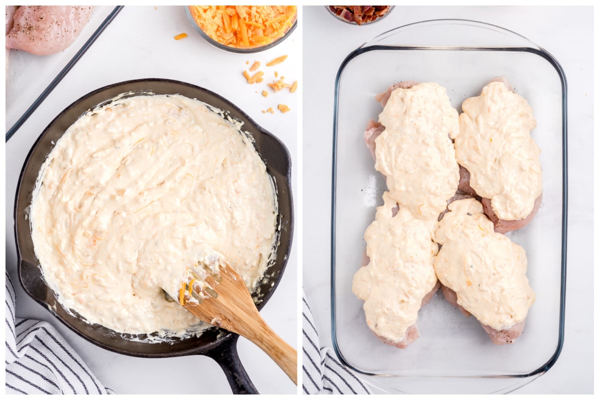 add sour cream and cheddar cheese. Completely cover the top of each chicken breast with cream cheese mixture