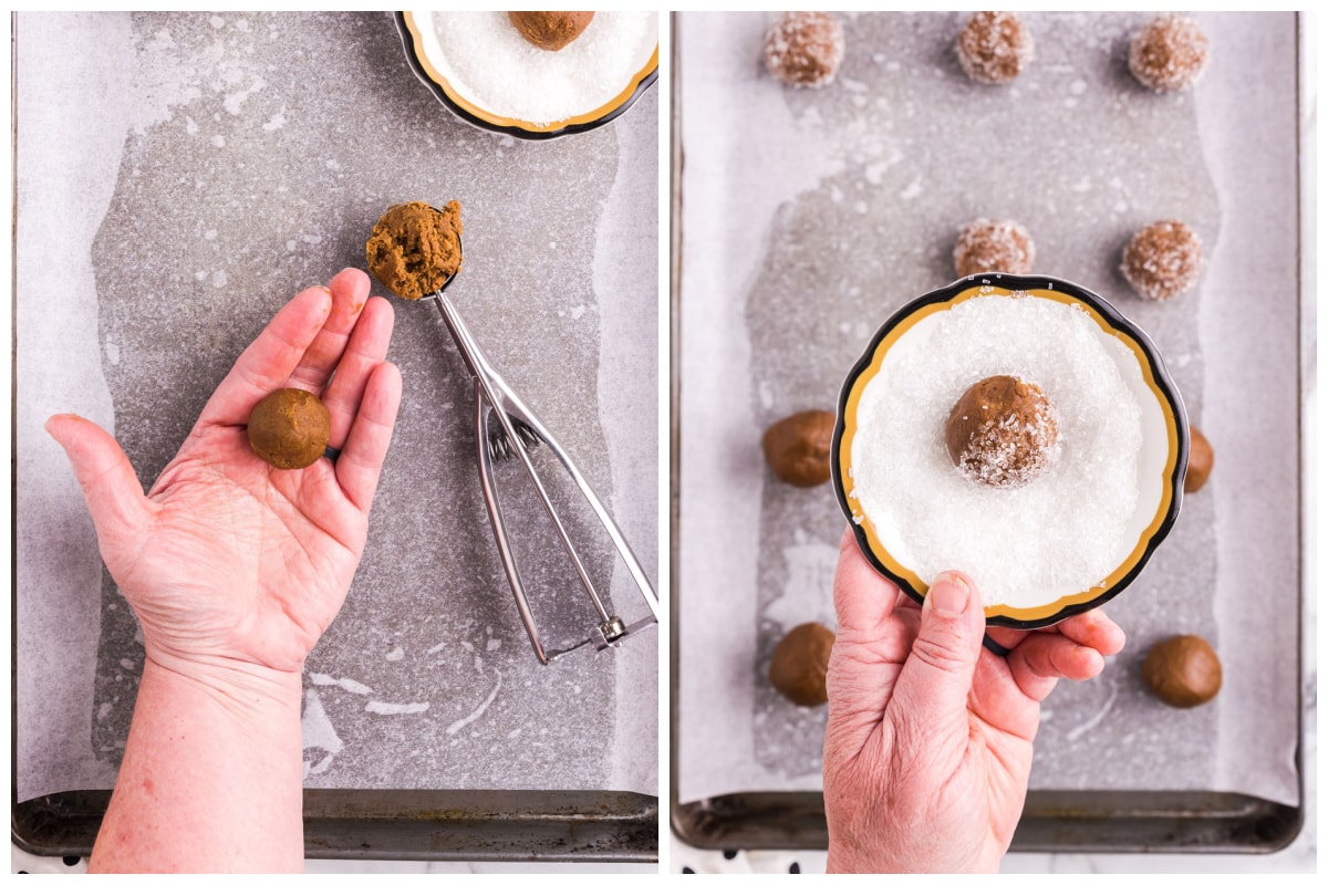 Roll the chilled cookie dough into balls, coat with sanding sugar