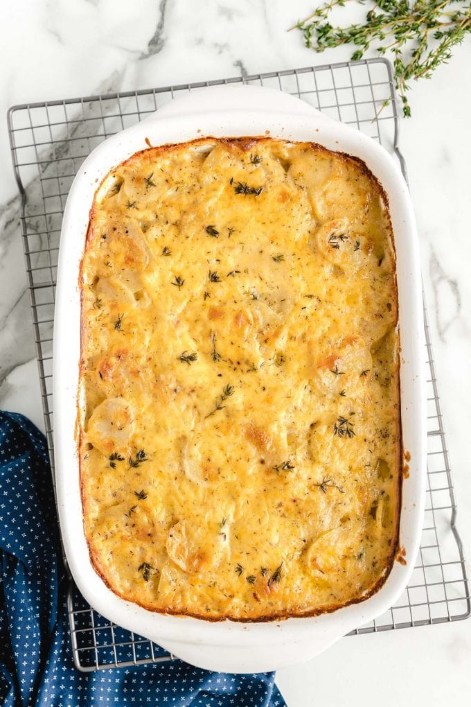 scalloped potatoes inside casserole dish.