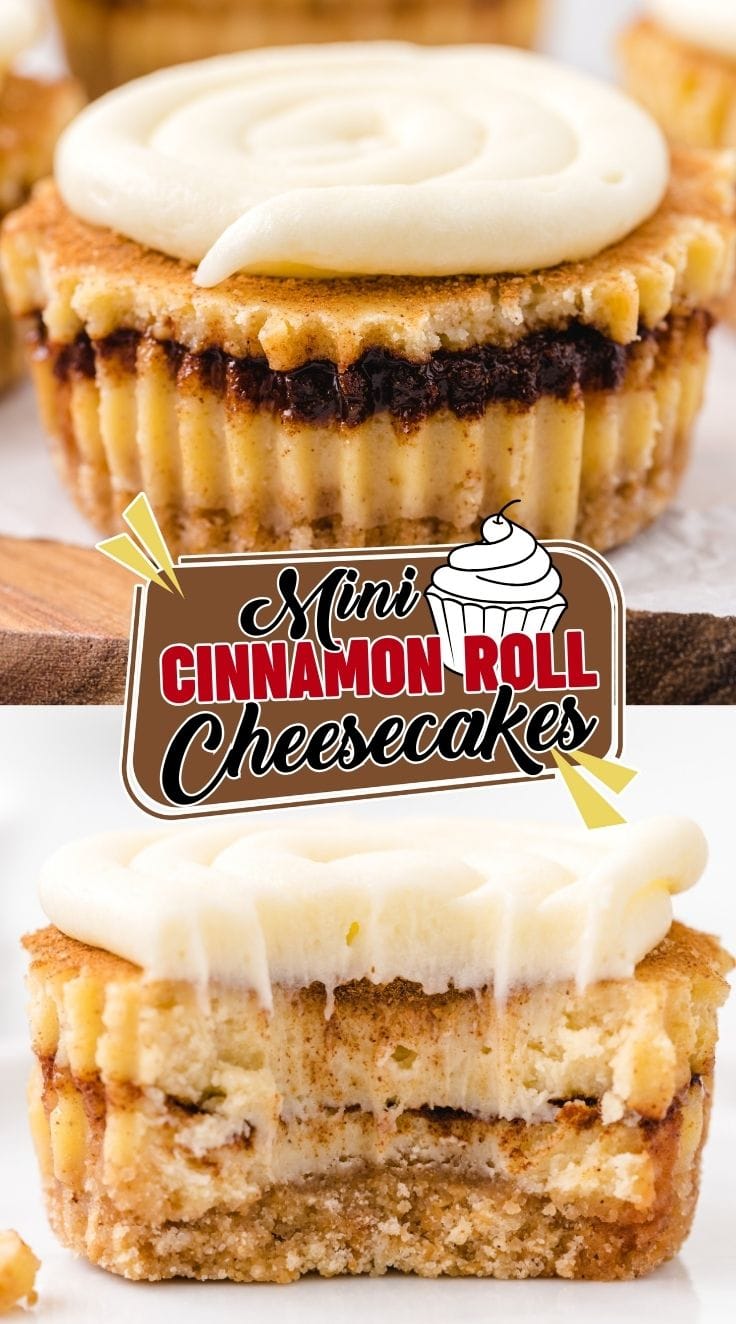 Close up of Mini Cinnamon Roll Cheesecakes with swirl of cream cheese frosting on top