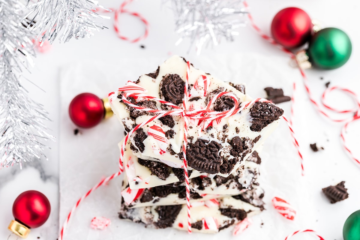oreo peppermint bark stacked and tied with string