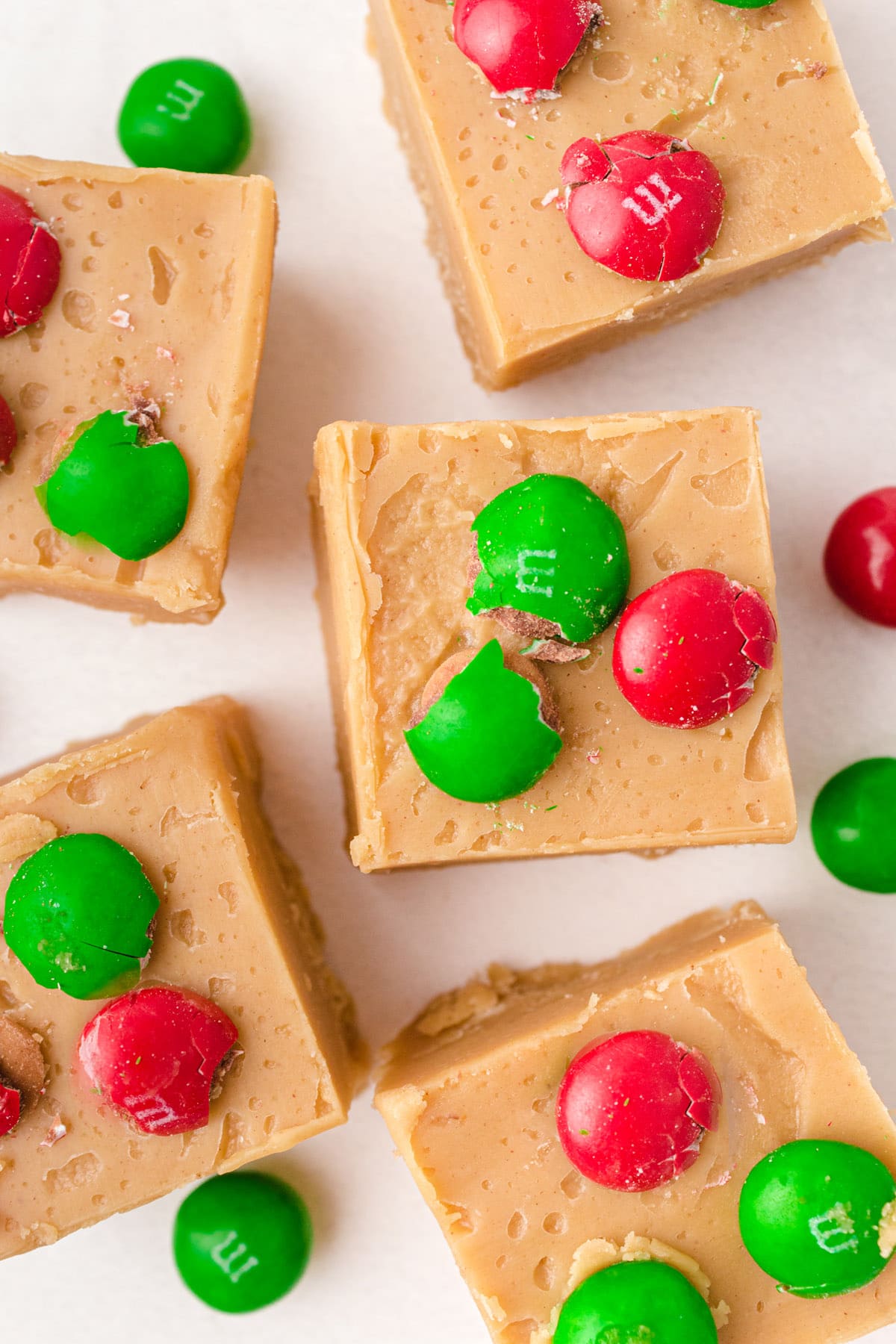 peanut butter fudge with red and green m&m's