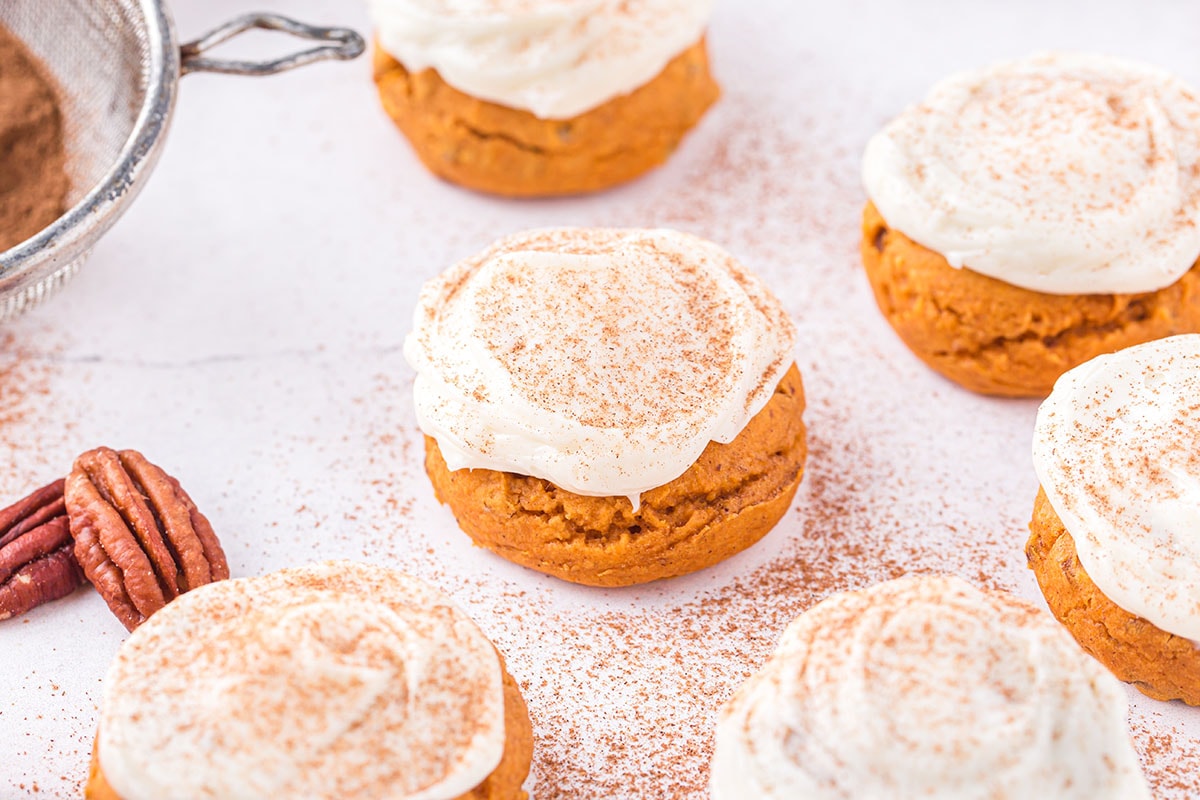 pumpkin cake mix cookies on top of white table
