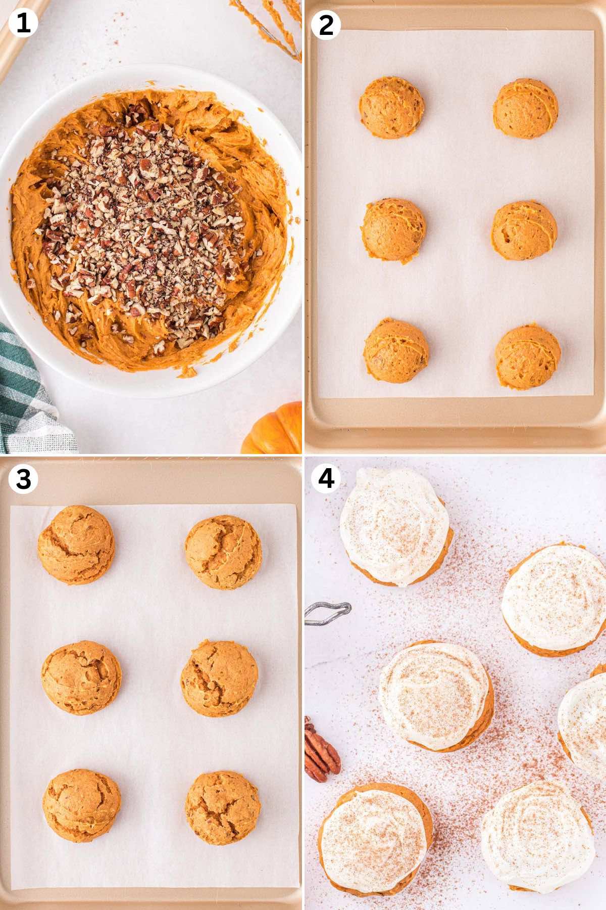 Create the cookie dough and fold in the chopped pecans.
Use a 2 Tablespoon cookie scoop to drop dough on the sheet pan.
Bake.
Frost with vanilla frosting.
